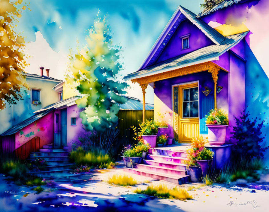 Charming purple house with yellow accents in vibrant painting