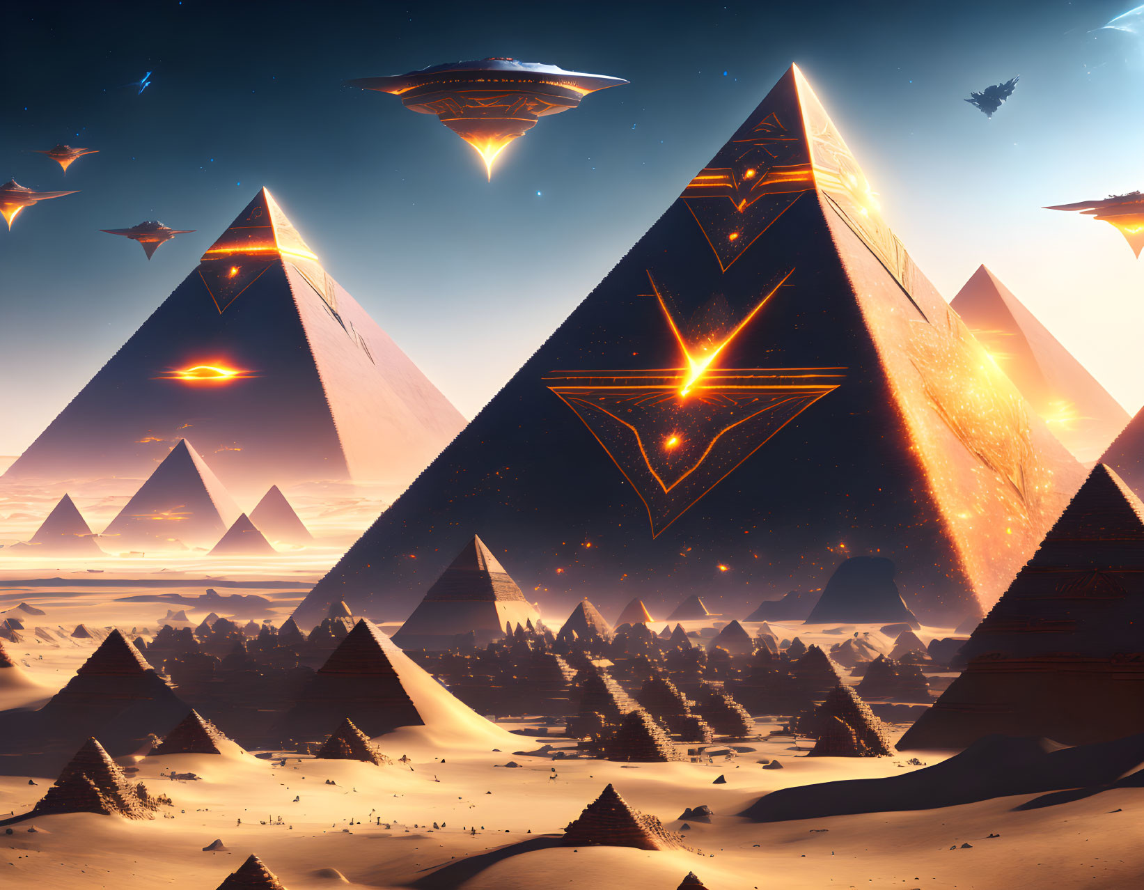 Futuristic pyramids under twilight sky with alien ships emitting light