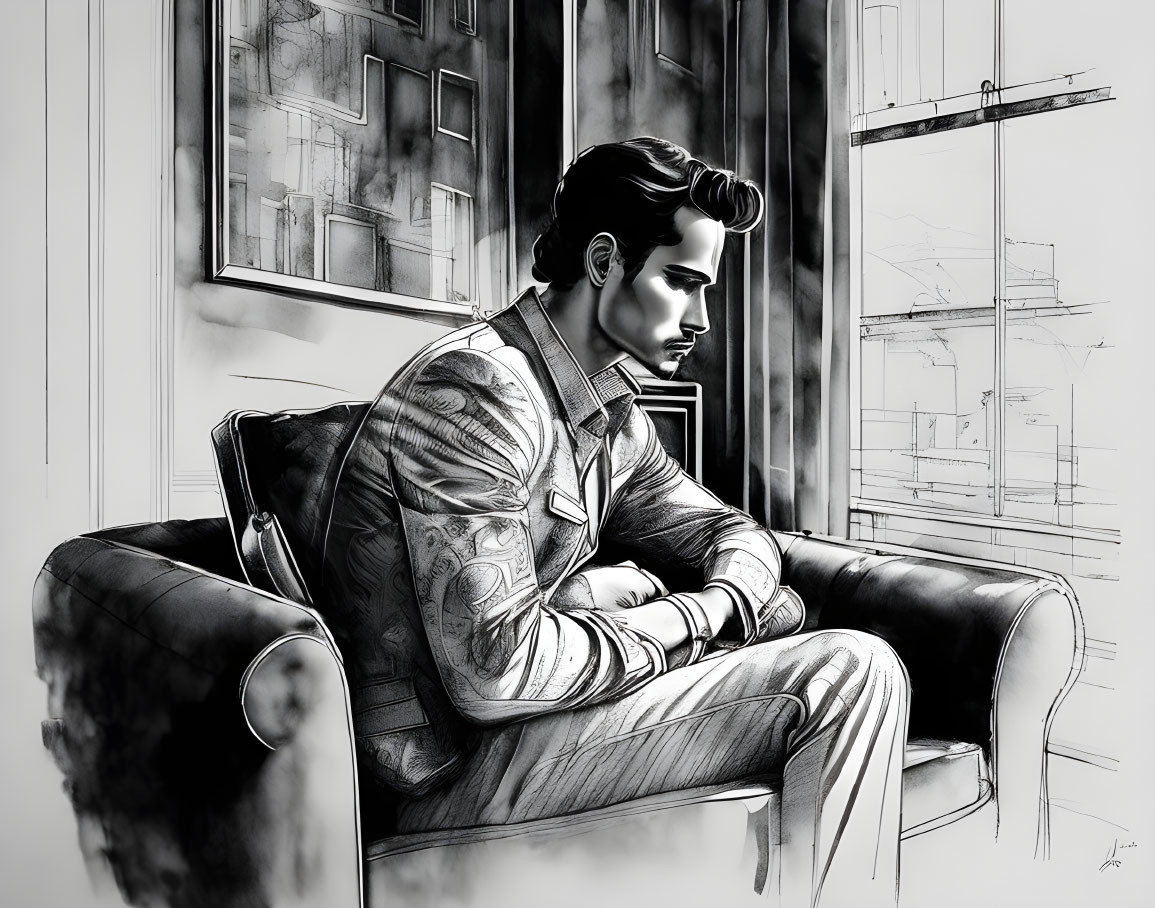 Monochrome illustration of man with tattoos on couch, architectural sketches.