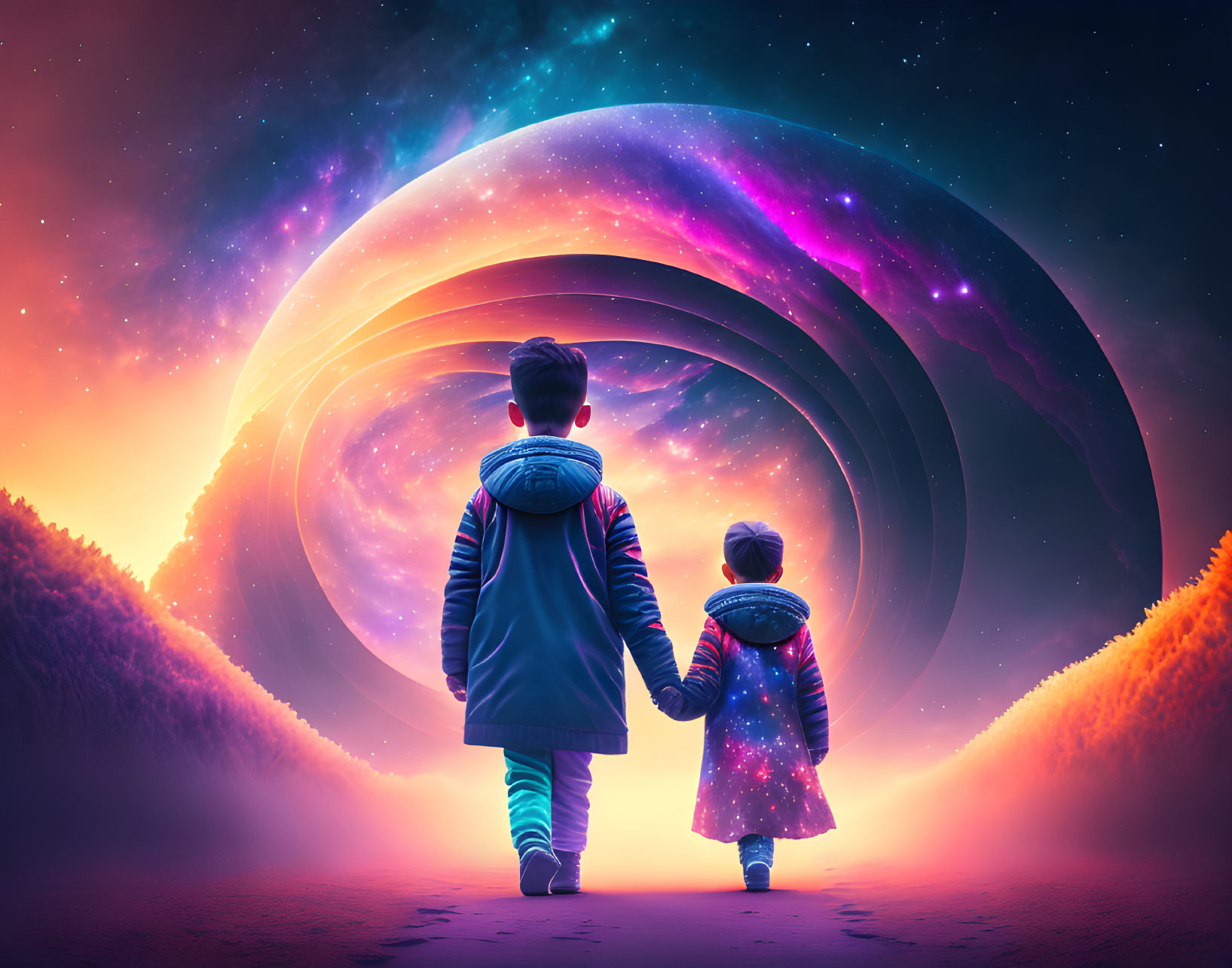 Children holding hands under vibrant cosmic swirl of stars and planets on surreal terrain.