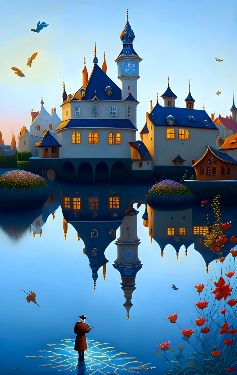 Majestic castle and serene lake illustration at twilight