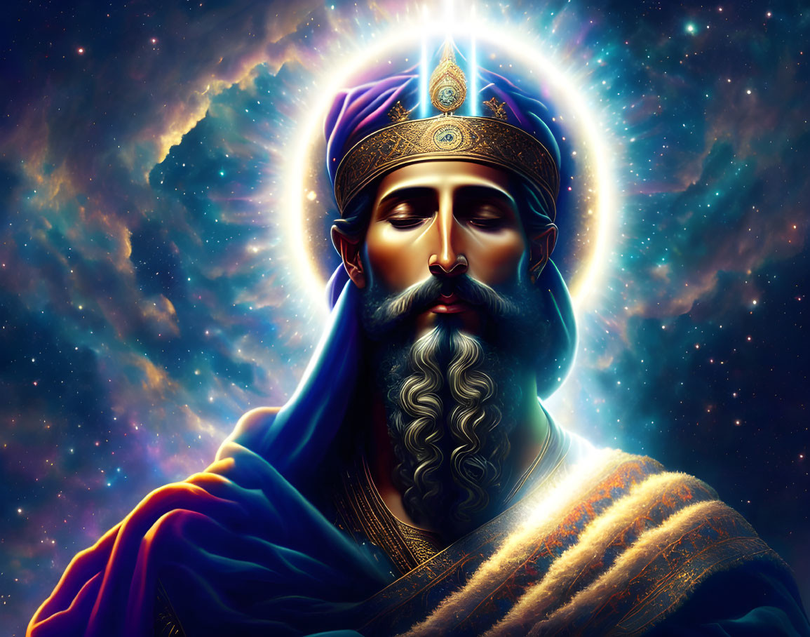 Illustration of bearded man in royal attire with halo and cosmic background