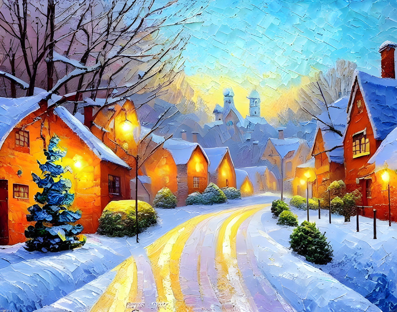 Snowy Village Scene: Warmly Lit Houses, Blue Christmas Tree, Clear Path