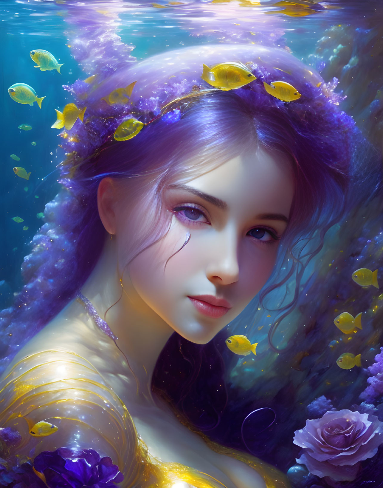 Fantasy illustration of woman with purple hair in yellow dress underwater surrounded by fish and tear.