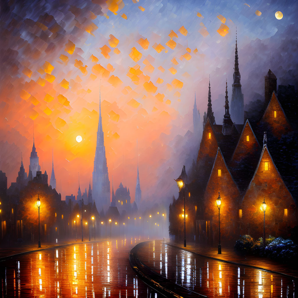 Misty cobblestone street at dawn or dusk with glowing lamps and floating lanterns