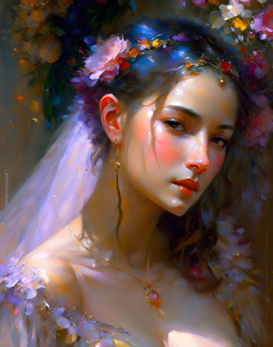 Portrait of a Woman with Floral Crown and Ethereal Glow