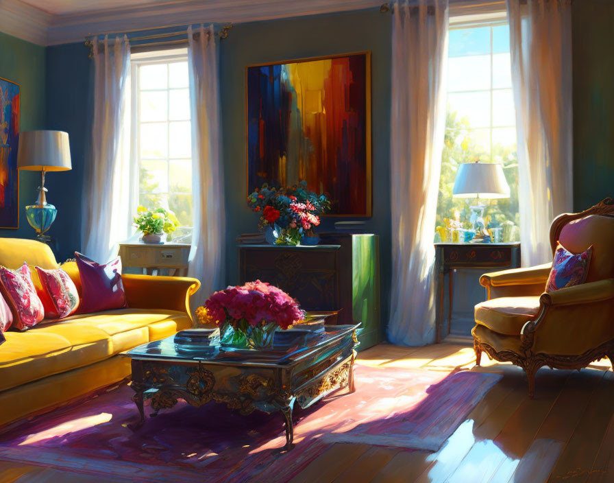 Sunlit living room with ornate furniture and colorful artwork