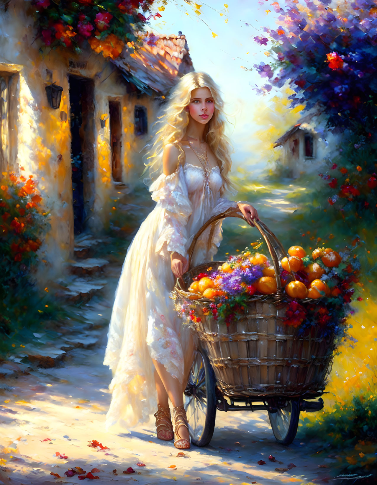 Woman in White Dress with Fruit and Flowers on Sunny Village Path