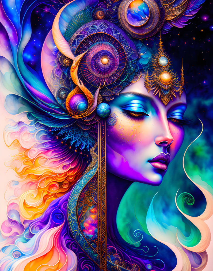 Colorful digital artwork of a woman with cosmic headdress in vibrant swirls.