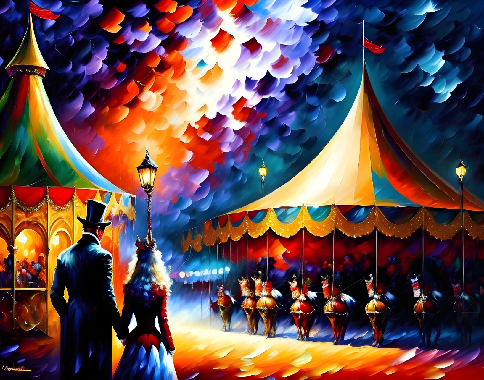 Vibrant carnival painting with tents, carousel, and festive figures.