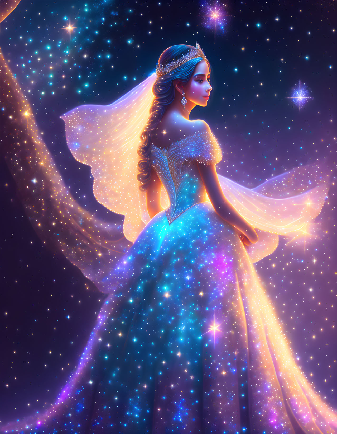 Ethereal woman in galaxy-themed blue gown with diadem and star-infused cape