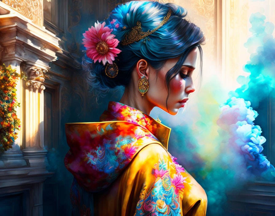 Digital artwork: Woman with blue hair and floral shawl in mystical setting