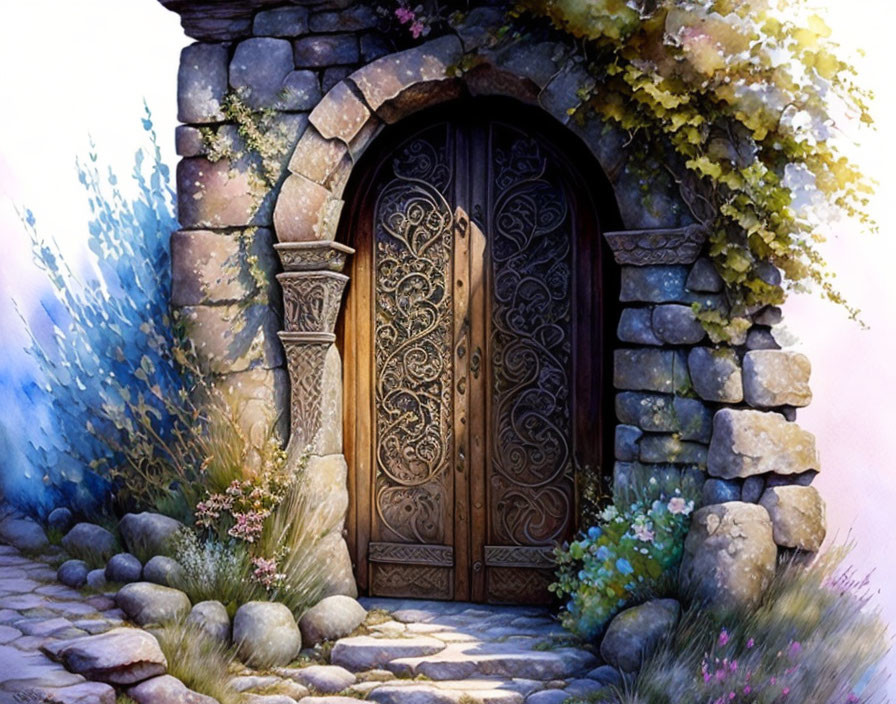 Ornate wooden door in stone archway with lush greenery