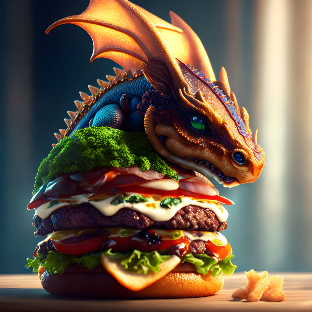 Whimsical fantasy scene: small dragon perched on towering hamburger