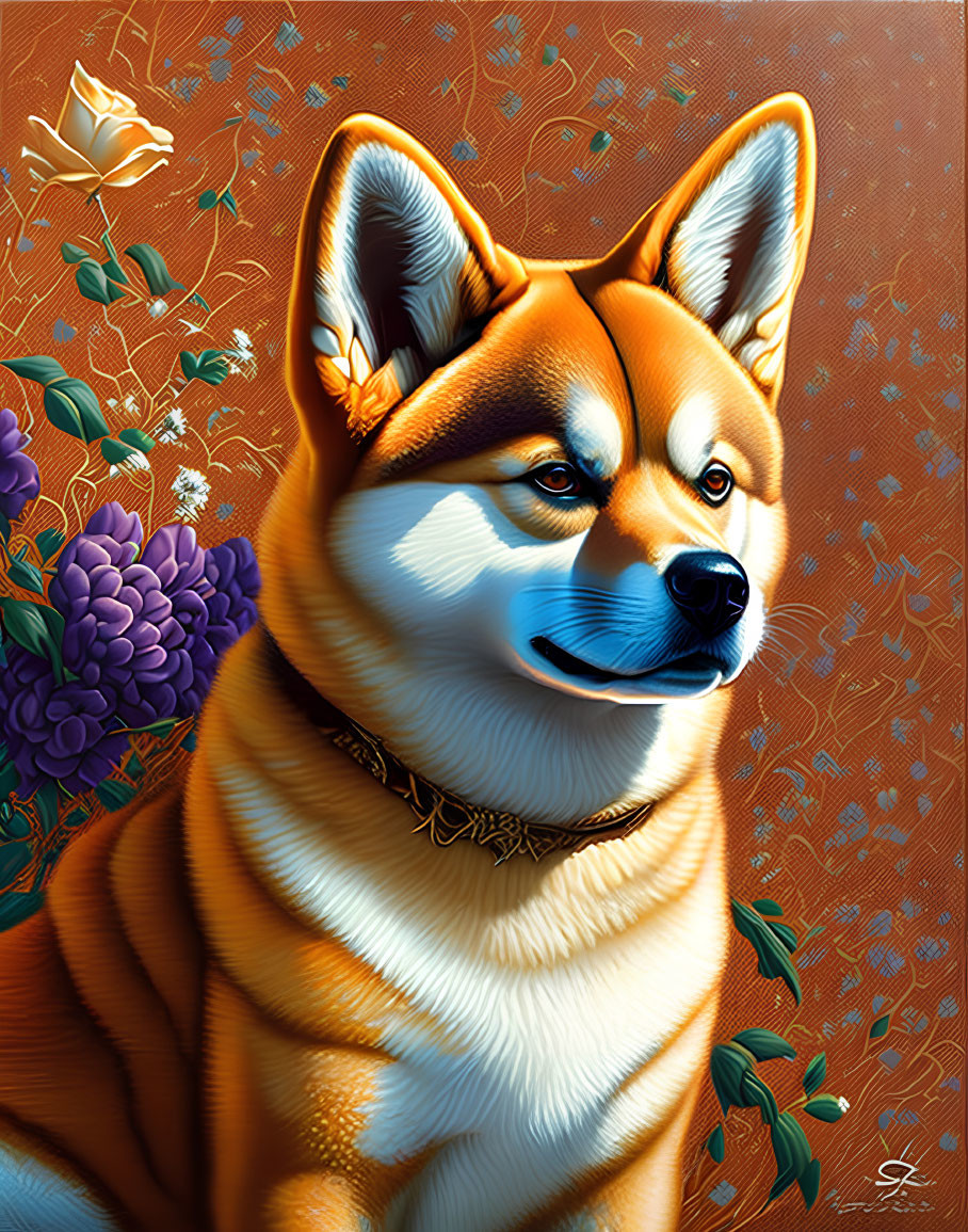 Colorful Shiba Inu illustration with orange coat and necklace on floral background