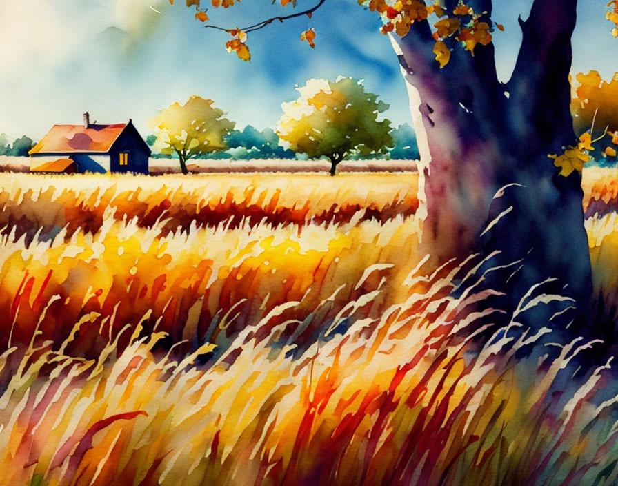 Autumnal scene watercolor painting with vibrant field, lone tree, small house.