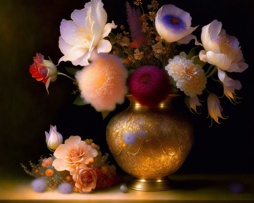 Vibrant bouquet in golden vase on dark background