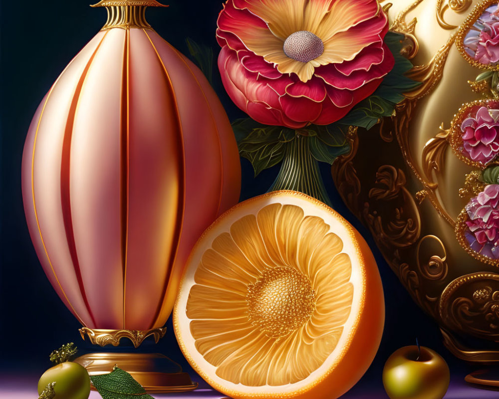 Lustrous peach, apple, green ornament, red flower in ornate vase on dark background