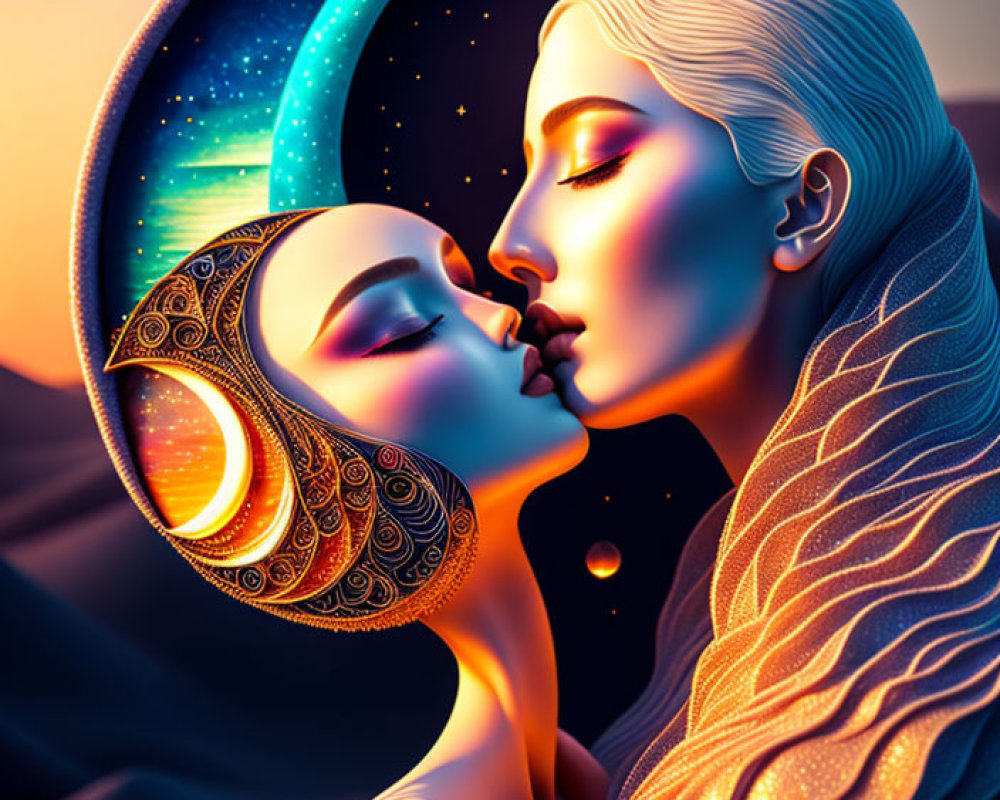 Digital artwork of woman kissing crescent moon in sunset hues