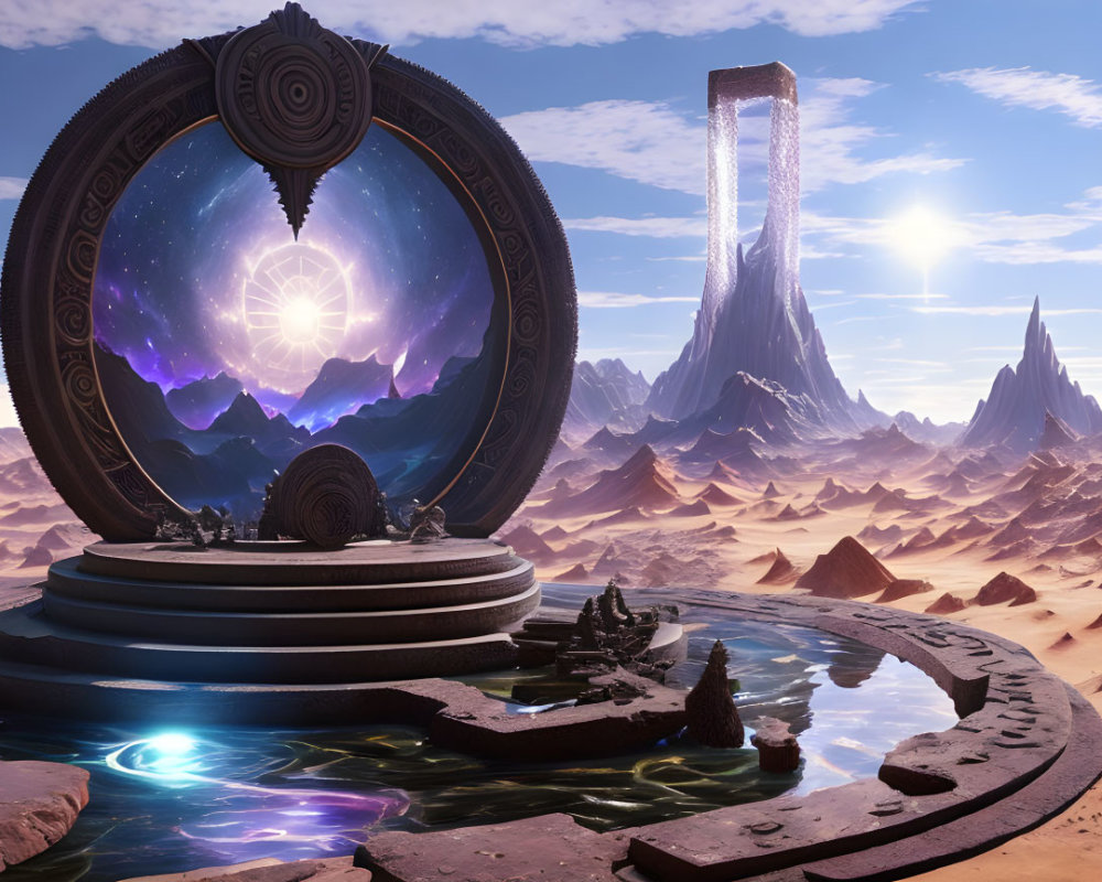 Ornate futuristic portal on platform with cosmic landscape