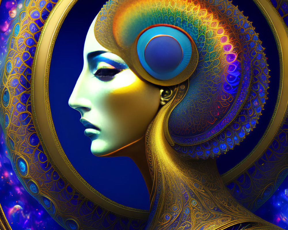 Profiled humanoid face digital artwork with fractal ornate halo in vibrant blues and golds.