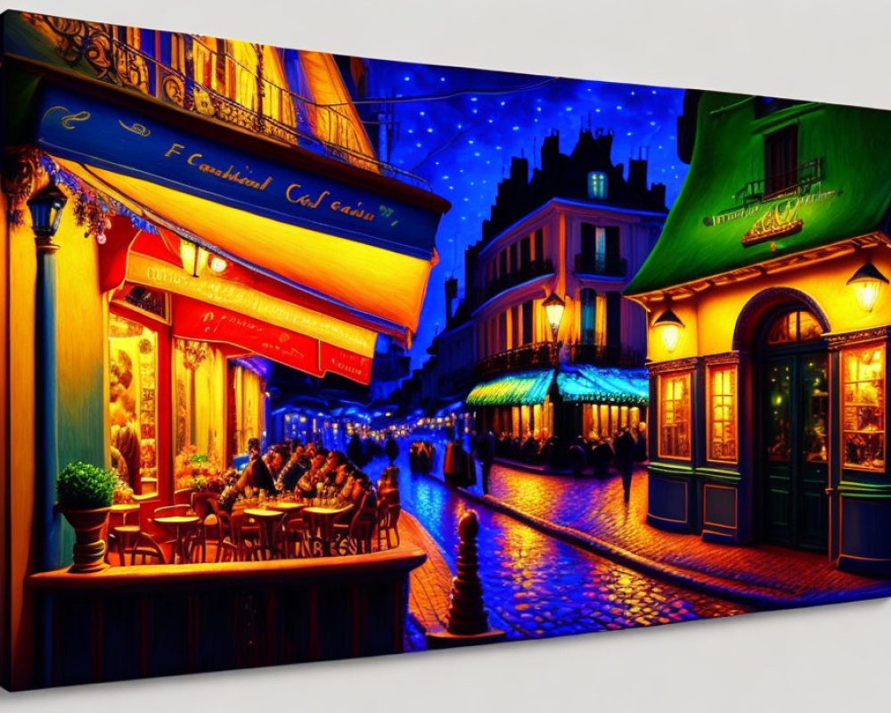 Vibrant street at night with illuminated cafes and starry sky