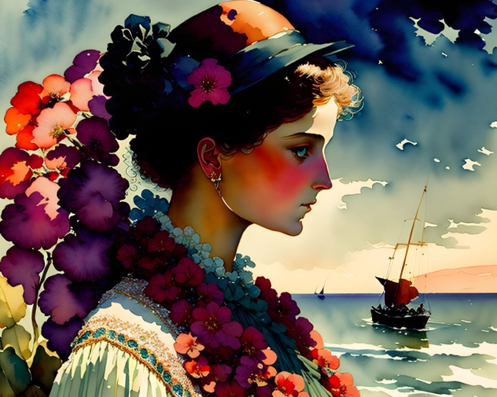 Vintage-style Illustration of Woman with Flowers and Sailing Boat