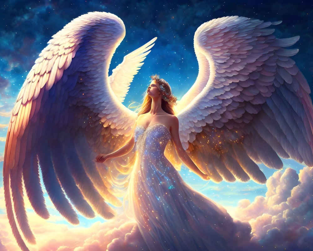 Ethereal figure with large wings in vibrant twilight sky