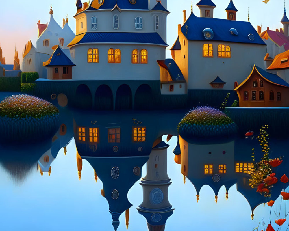 Majestic castle and serene lake illustration at twilight