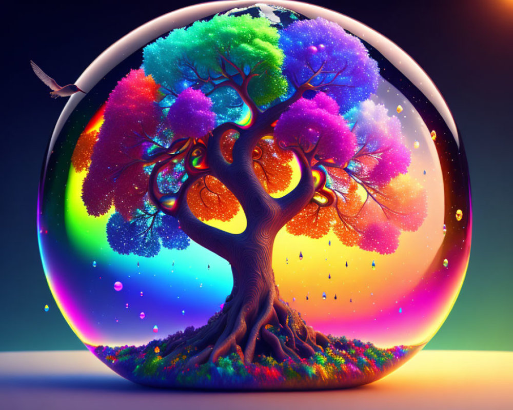 Colorful surreal tree illustration in bubble with flying bird on dusky sky