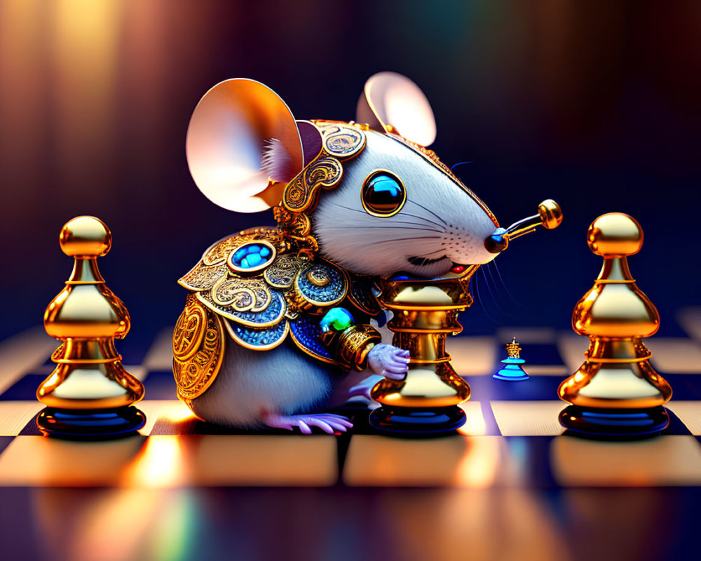 Mouse in ornate attire plays chess on glowing board.