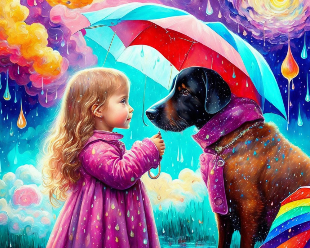 Young girl and large dog under colorful umbrella in vibrant rain scene