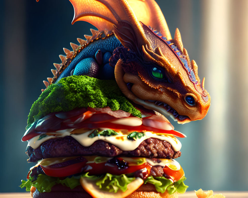 Whimsical fantasy scene: small dragon perched on towering hamburger