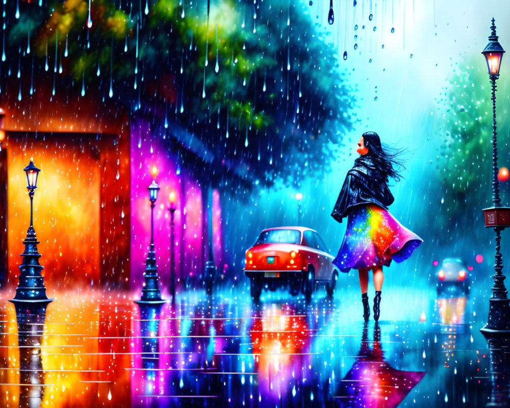 Colorful night street scene with person walking in rain under neon lights