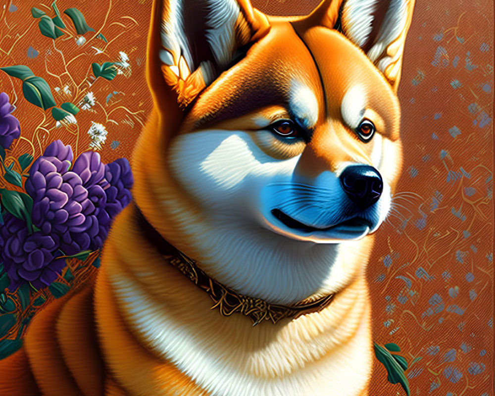 Colorful Shiba Inu illustration with orange coat and necklace on floral background