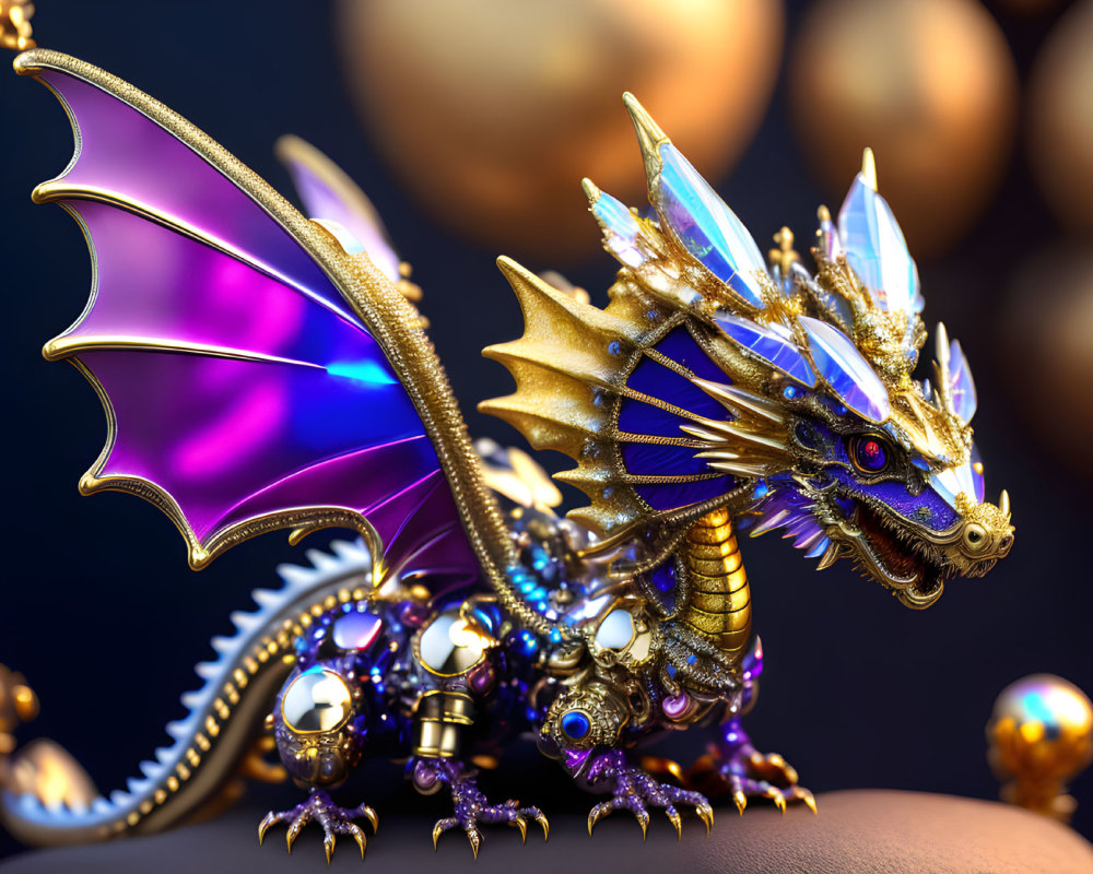 Detailed 3D rendering of jeweled, steampunk-inspired golden mechanical dragon with iridescent