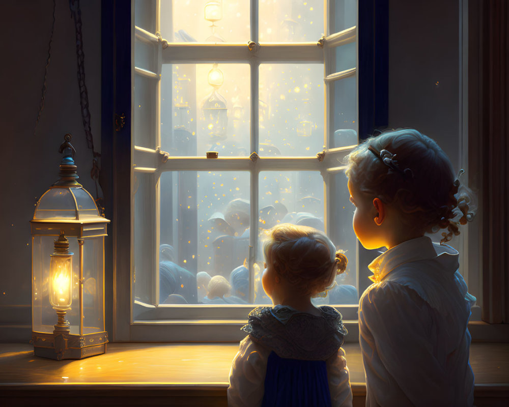 Children watching glowing butterflies at night through a window with lantern light.