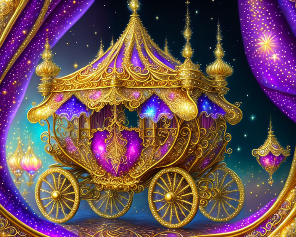 Golden fantasy carriage with purple curtains under starry sky and lanterns