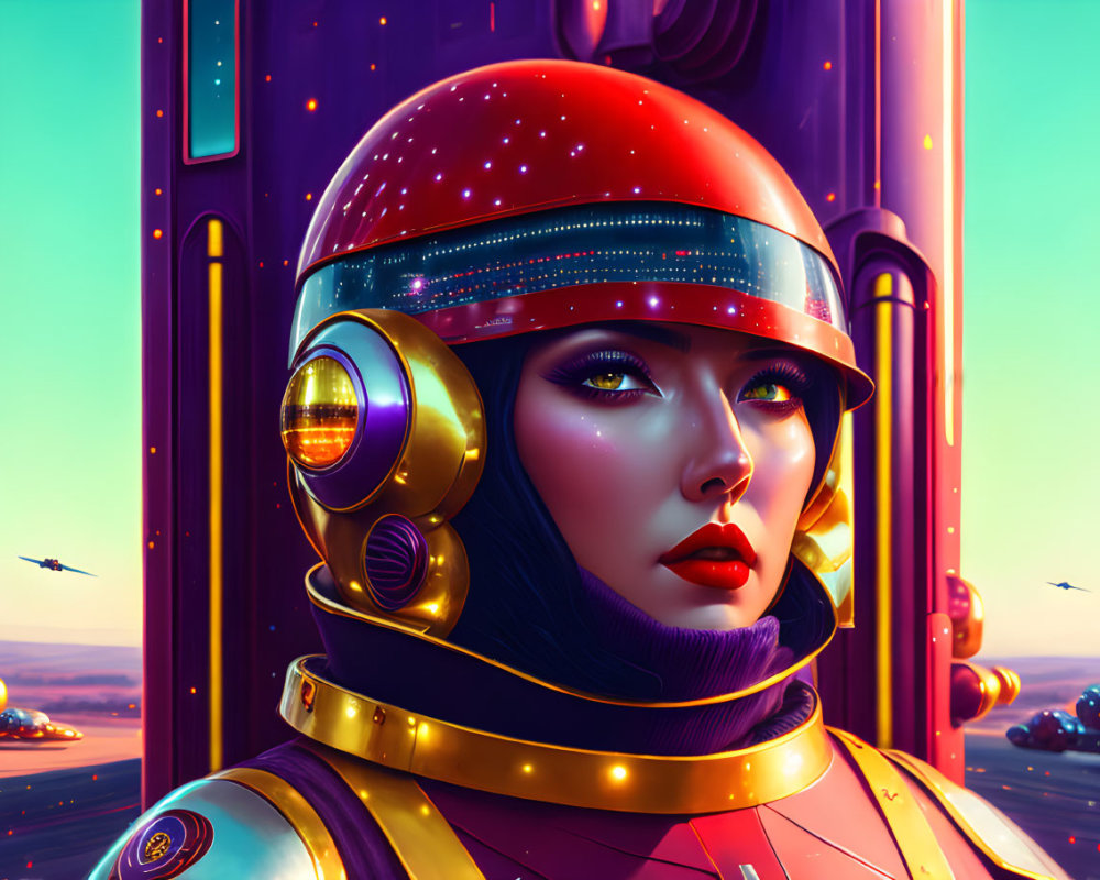 Futuristic helmet woman in vibrant cityscape with flying vehicles