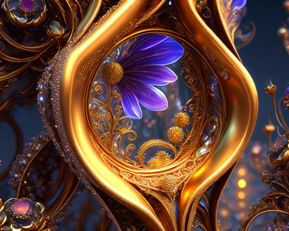 Digitally-rendered image of ornate golden frame with vibrant blue flower on dark bokeh background