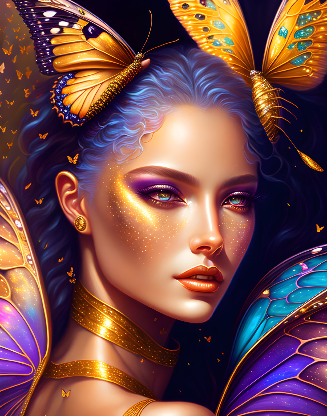 Vibrant digital artwork: Woman with butterfly wings and monarch butterflies in blue hair