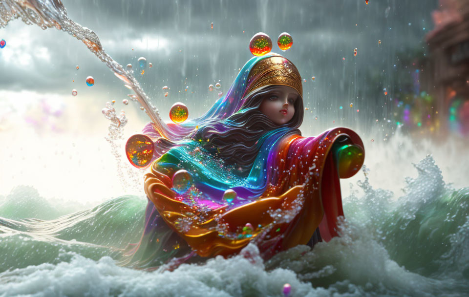 Colorful doll-like figure in vibrant robes amid churning water and iridescent bubbles against stormy