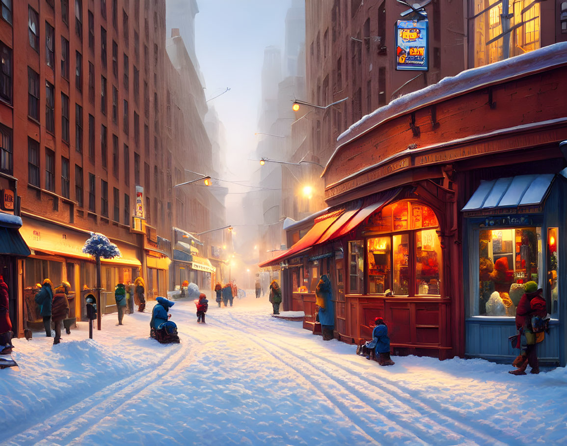 Snowy City Street at Dusk with Glowing Shop Windows and People