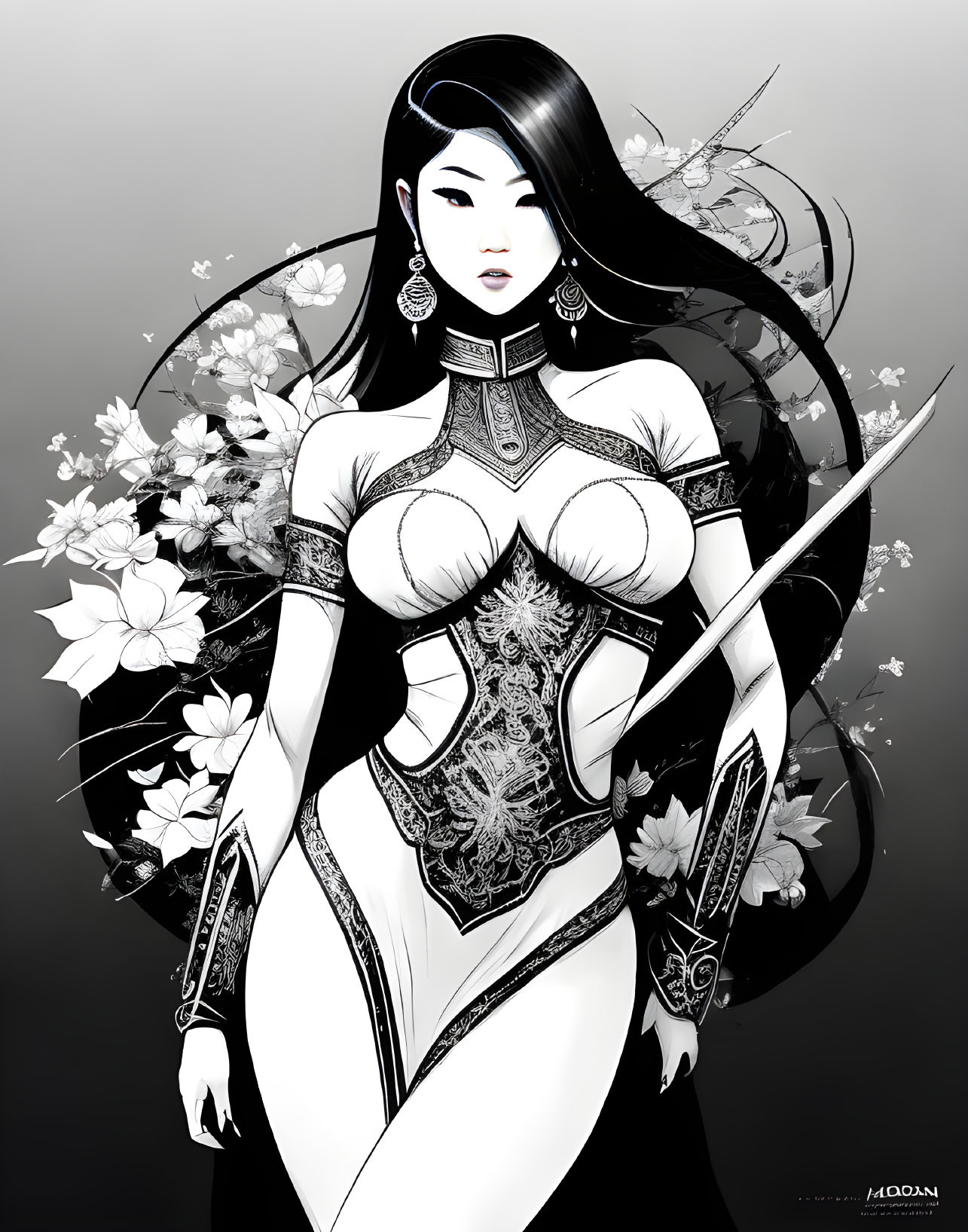 Detailed Monochrome Female Warrior Illustration with Sword and Armor