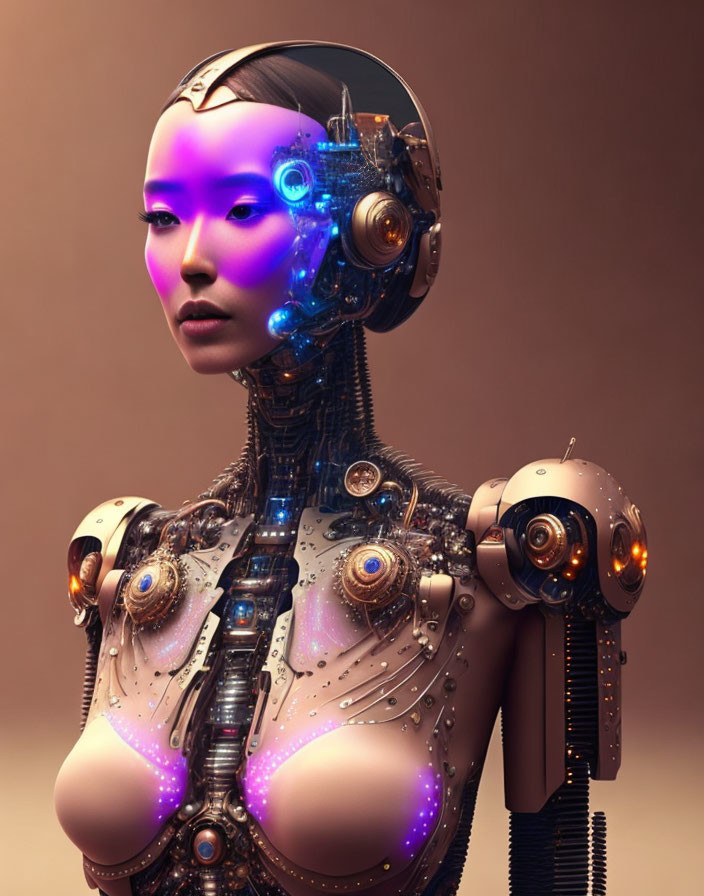 Detailed Female Android with Open Head Panel and Glowing Elements