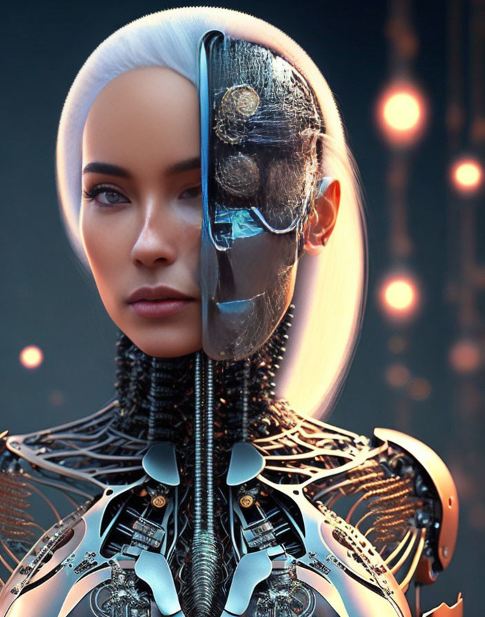 Cybernetic half-human, half-robot woman's face on bokeh light background