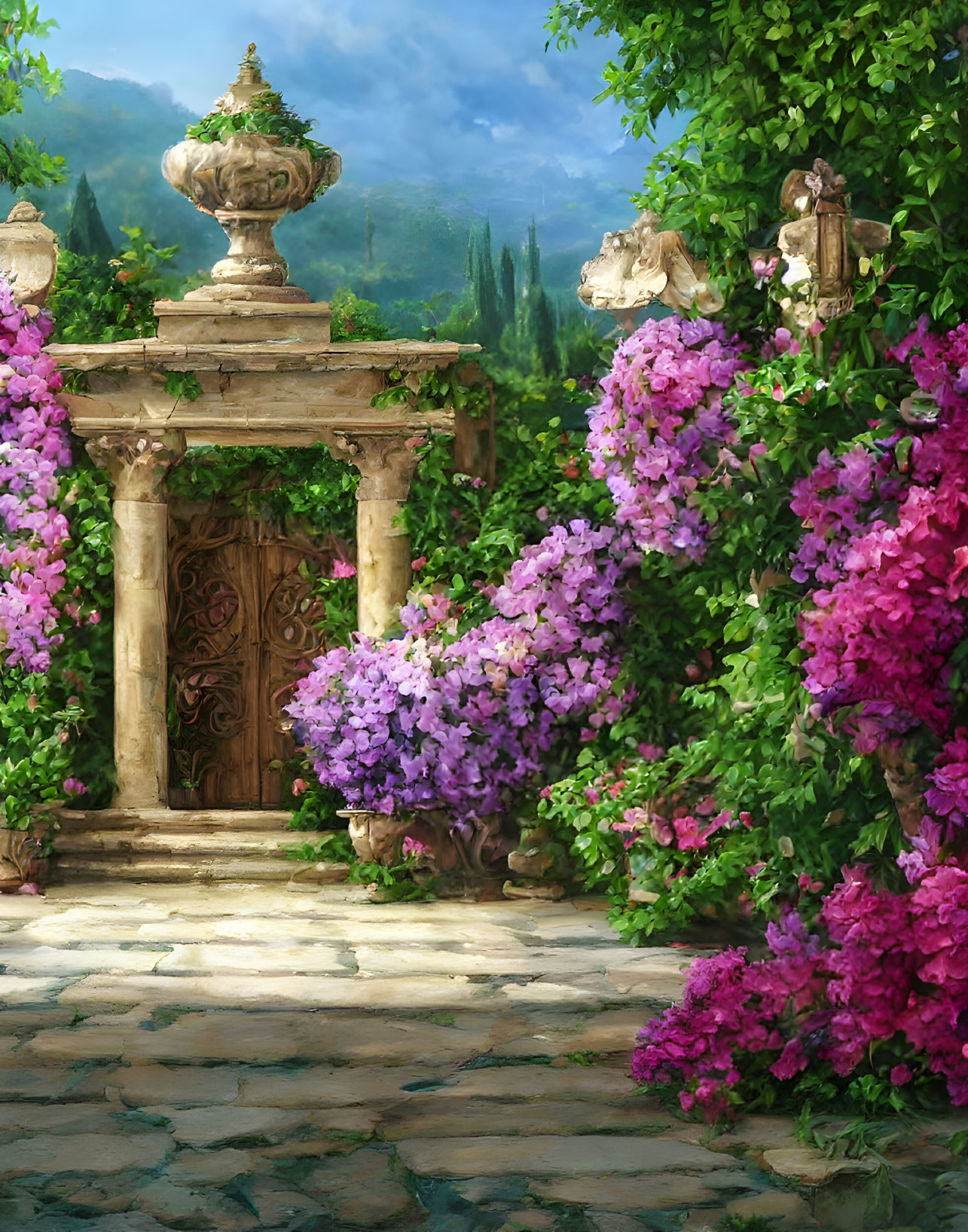 Wooden door in stone archway with bougainvillea flowers and classical urn.