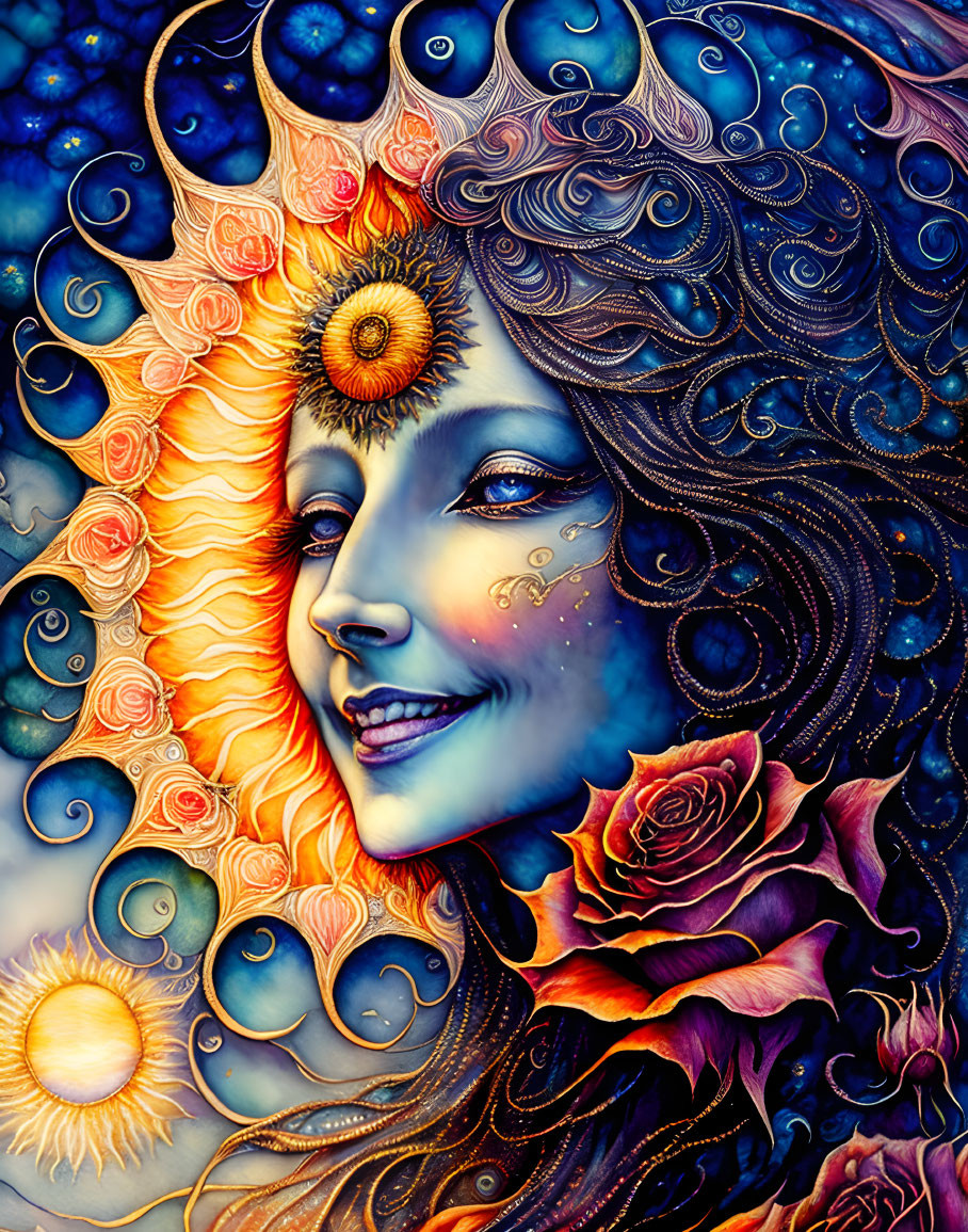 Colorful artwork: Woman's face with sun, rose, and cosmic motifs