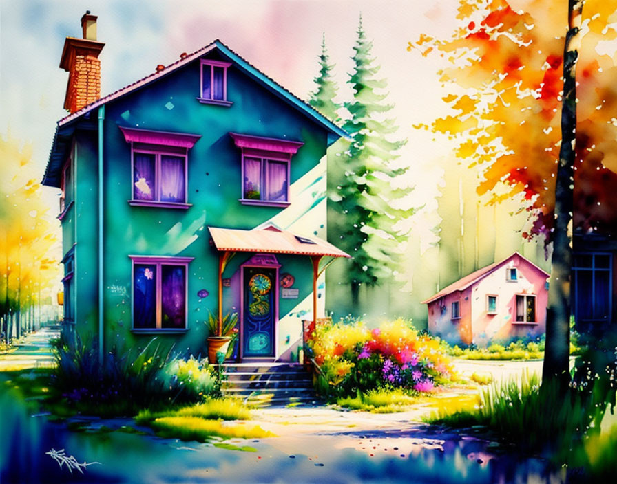 Vibrant watercolor painting of a green two-story house in nature