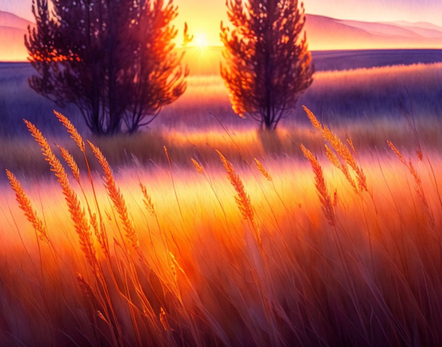 Vibrant sunset with golden hues over tall grasses and silhouetted pine trees